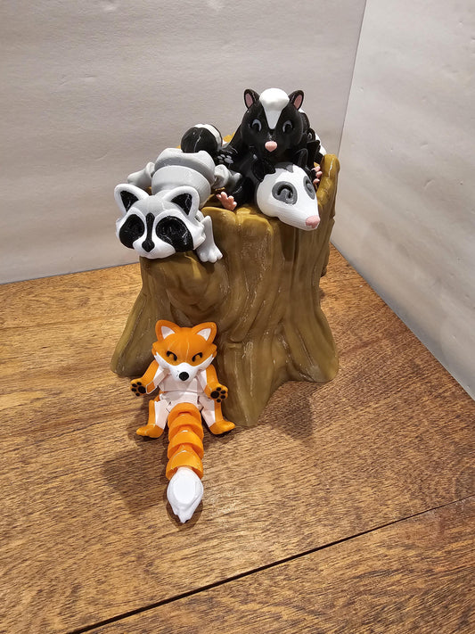 3D Printed Opossum Racoon Skunk And Fox in log