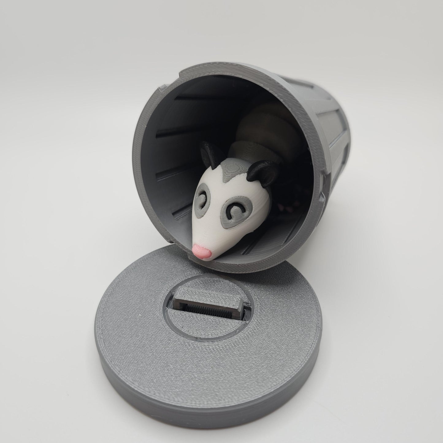 3D Printed Opossum with optional Trash Can or Log/Stump Container
