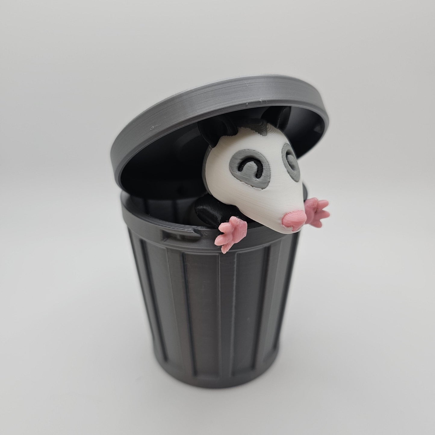 3D Printed Opossum with optional Trash Can or Log/Stump Container