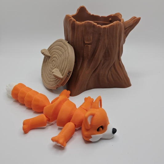 3D Printed Fox Figurine with Optional Tree Stump Container