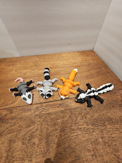 3D Printed Opossum Racoon Skunk And Fox in log