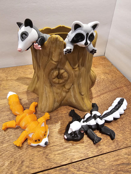 3D Printed Opossum Racoon Skunk And Fox in log