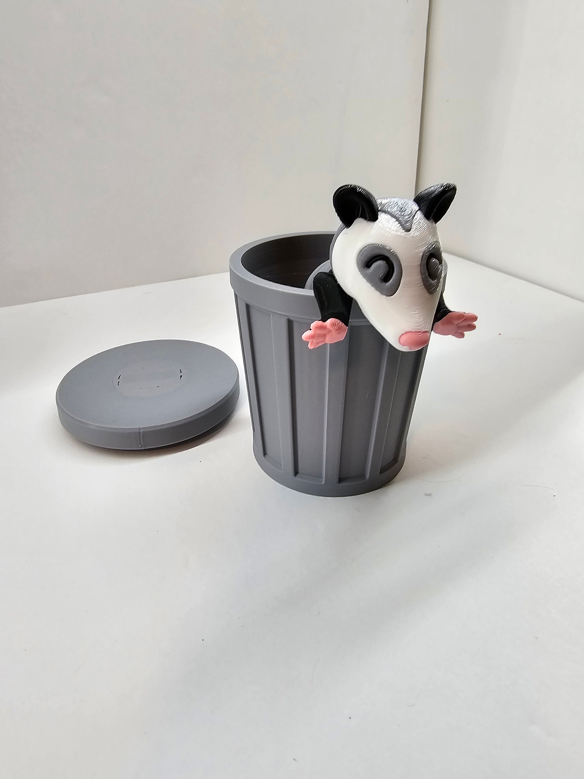 3D Printed Opossum with optional Trash Can or Log/Stump Container