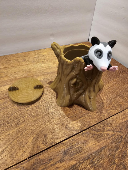 3D Printed Opossum with optional Trash Can or Log/Stump Container