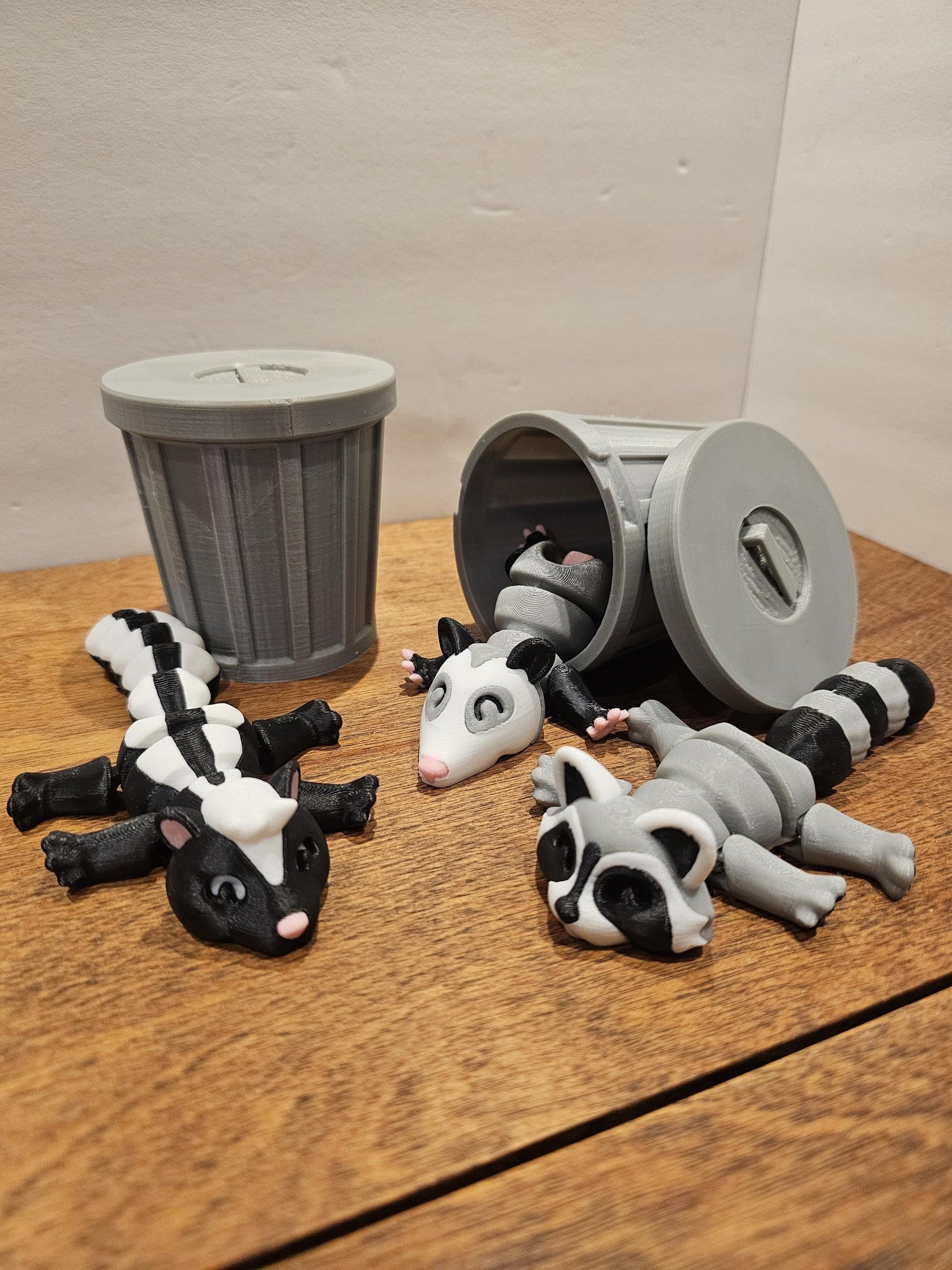 Opossum Raccoon Skunk with Trash Can or Stump