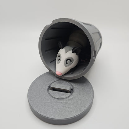 3D Printed Opossum with optional Trash Can or Log/Stump Container