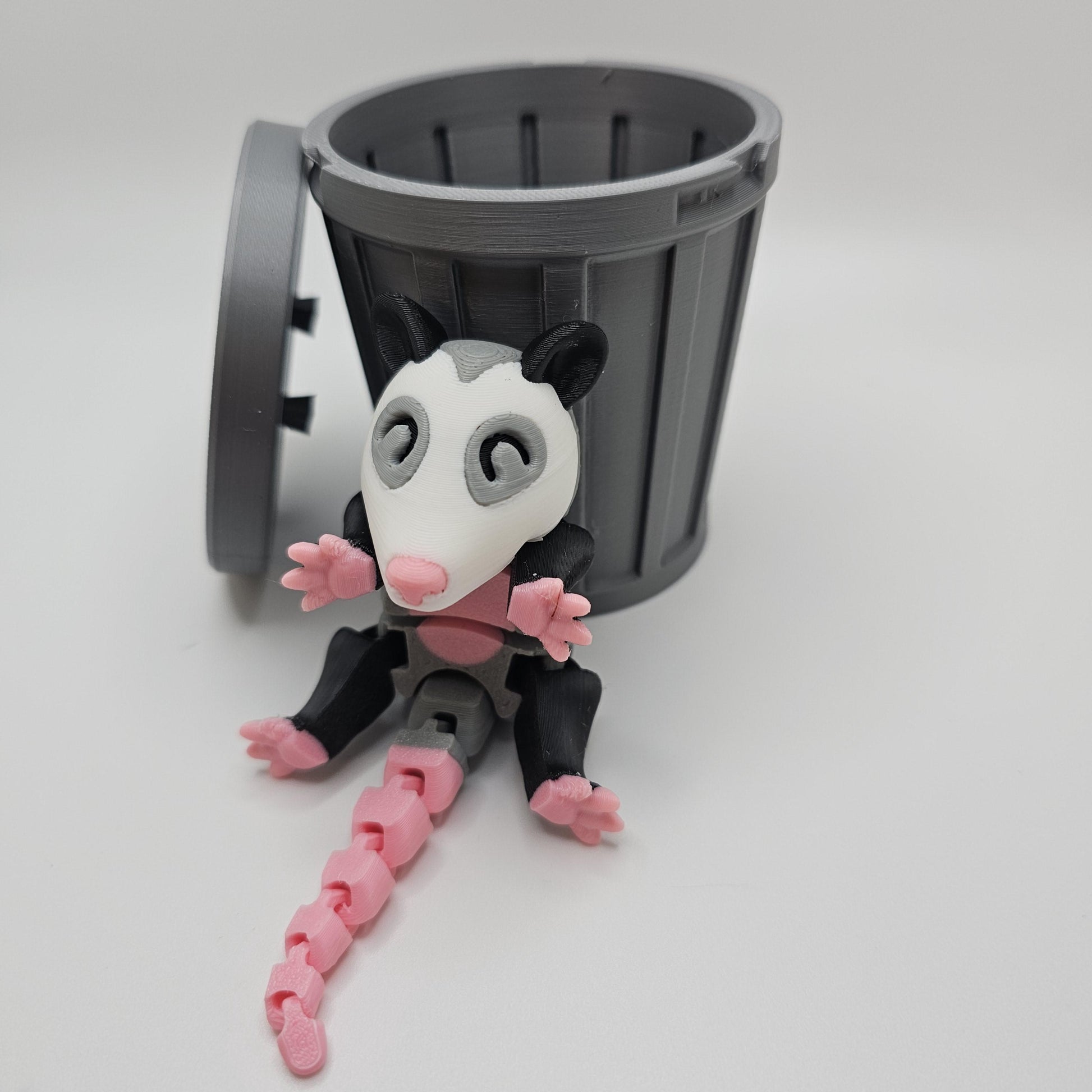 3D Printed Opossum with optional Trash Can or Log/Stump Container