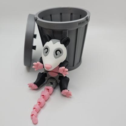 3D Printed Opossum with optional Trash Can or Log/Stump Container