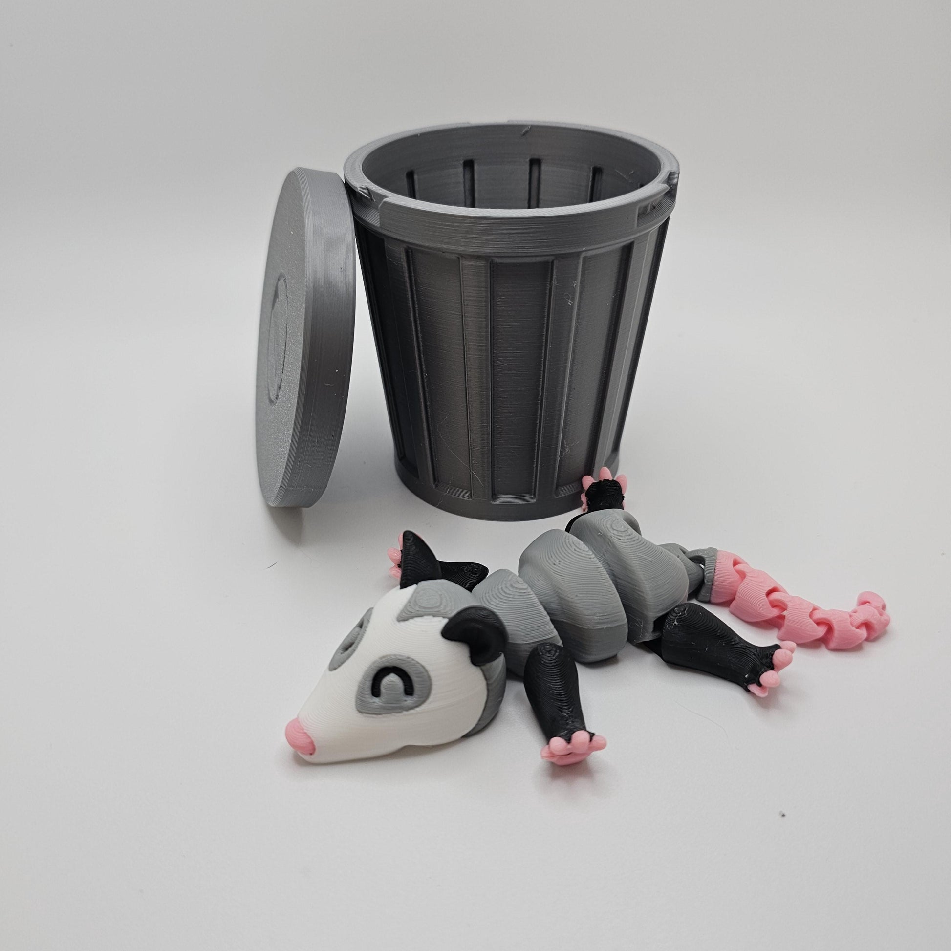3D Printed Opossum with optional Trash Can or Log/Stump Container