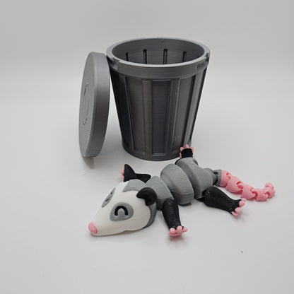 3D Printed Opossum with optional Trash Can or Log/Stump Container