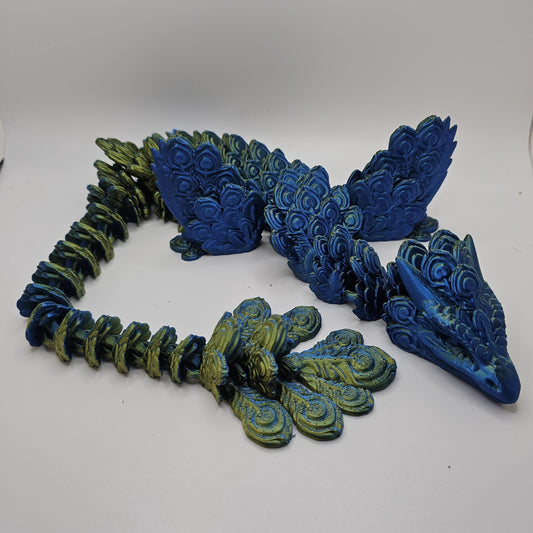 3D Printed Peacock Winged Dragon – 22 Inches Long – Designed by Cinderwing3D – Custom Colors
