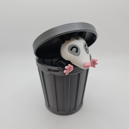3D Printed Opossum with optional Trash Can or Log/Stump Container