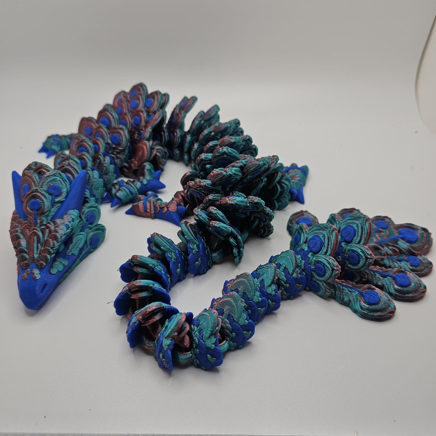 3D Printed Peacock Dragon – 22 Inches Long – Designed by Cinderwing3D – Custom Colors