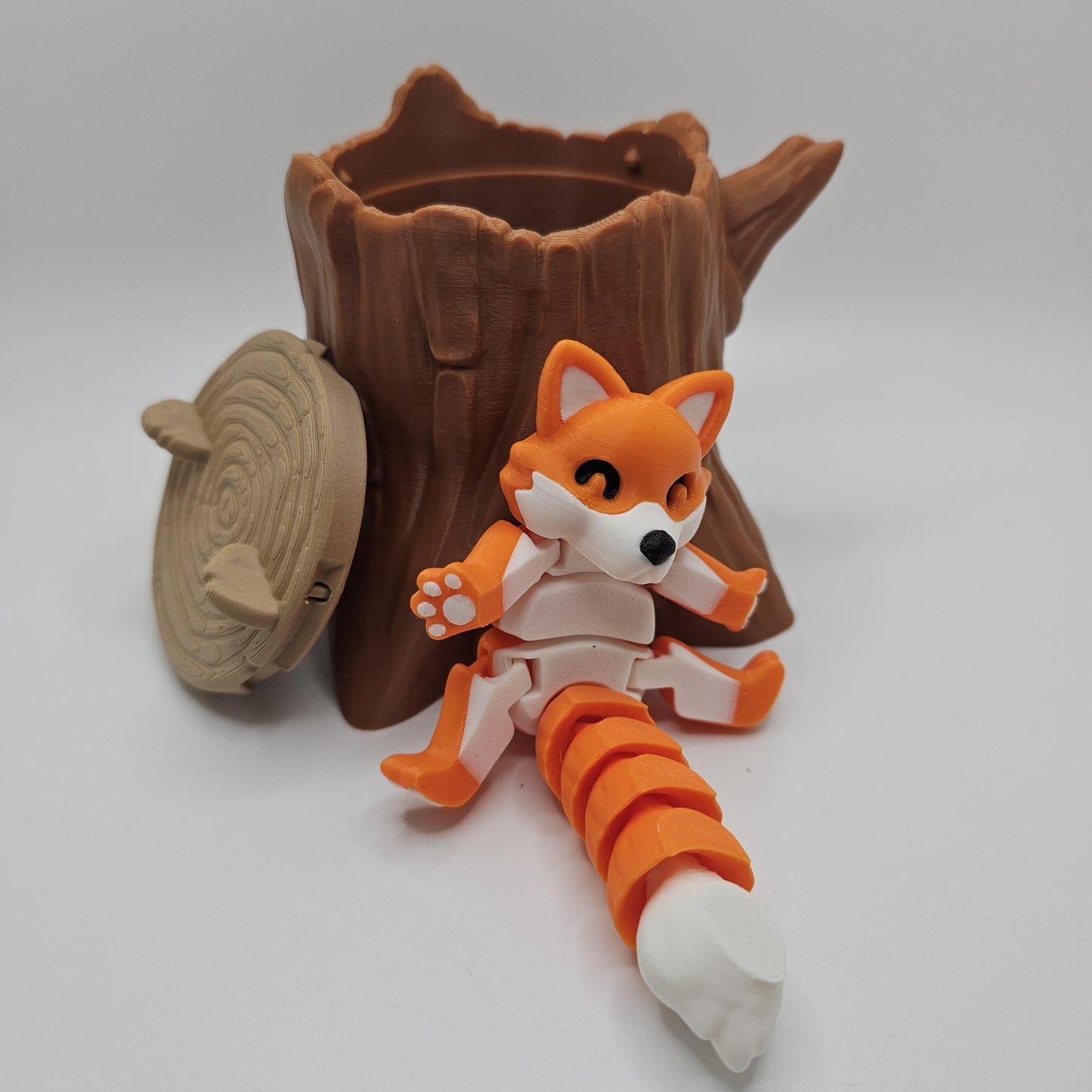 3D Printed Fox Figurine with Optional Tree Stump Container