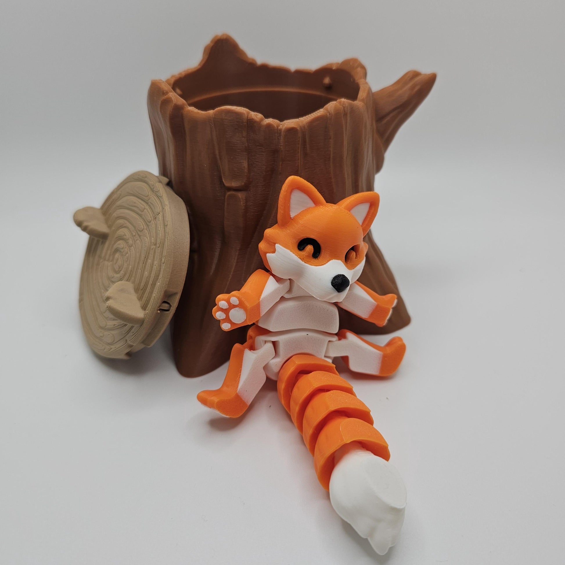 3D Printed Fox Figurine with Optional Tree Stump Container