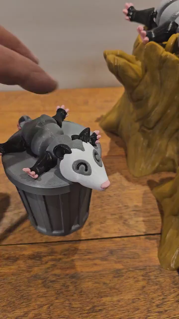 3D Printed Opossum with optional Trash Can or Log/Stump Container